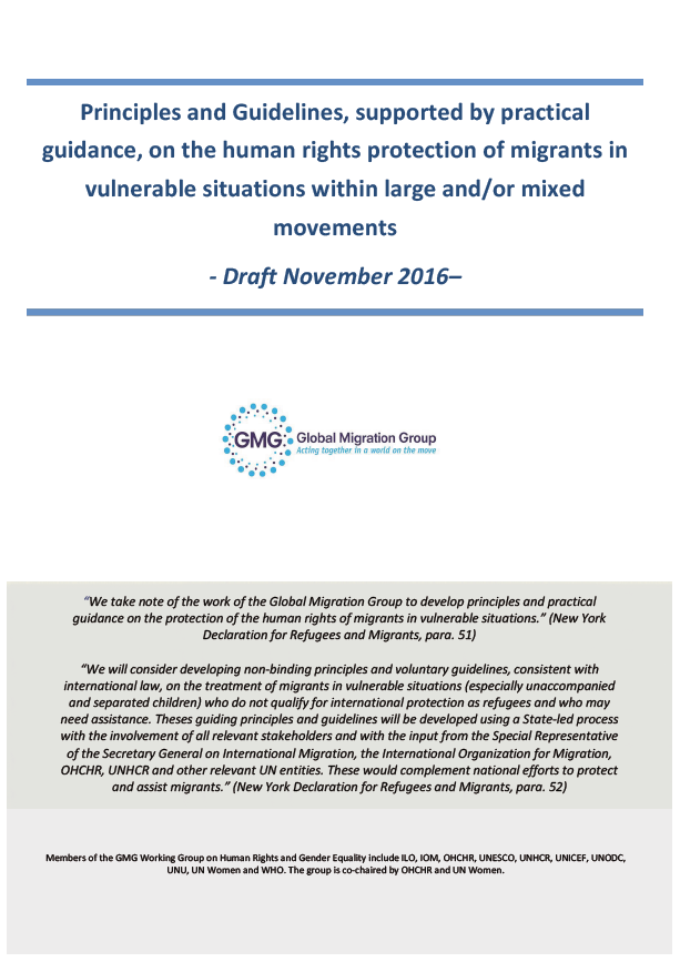 Draft: Principles and Guidelines, supported by practical guidance, on the human rights protection of migrants in vulnerable situations within large and/ or mixed movements.